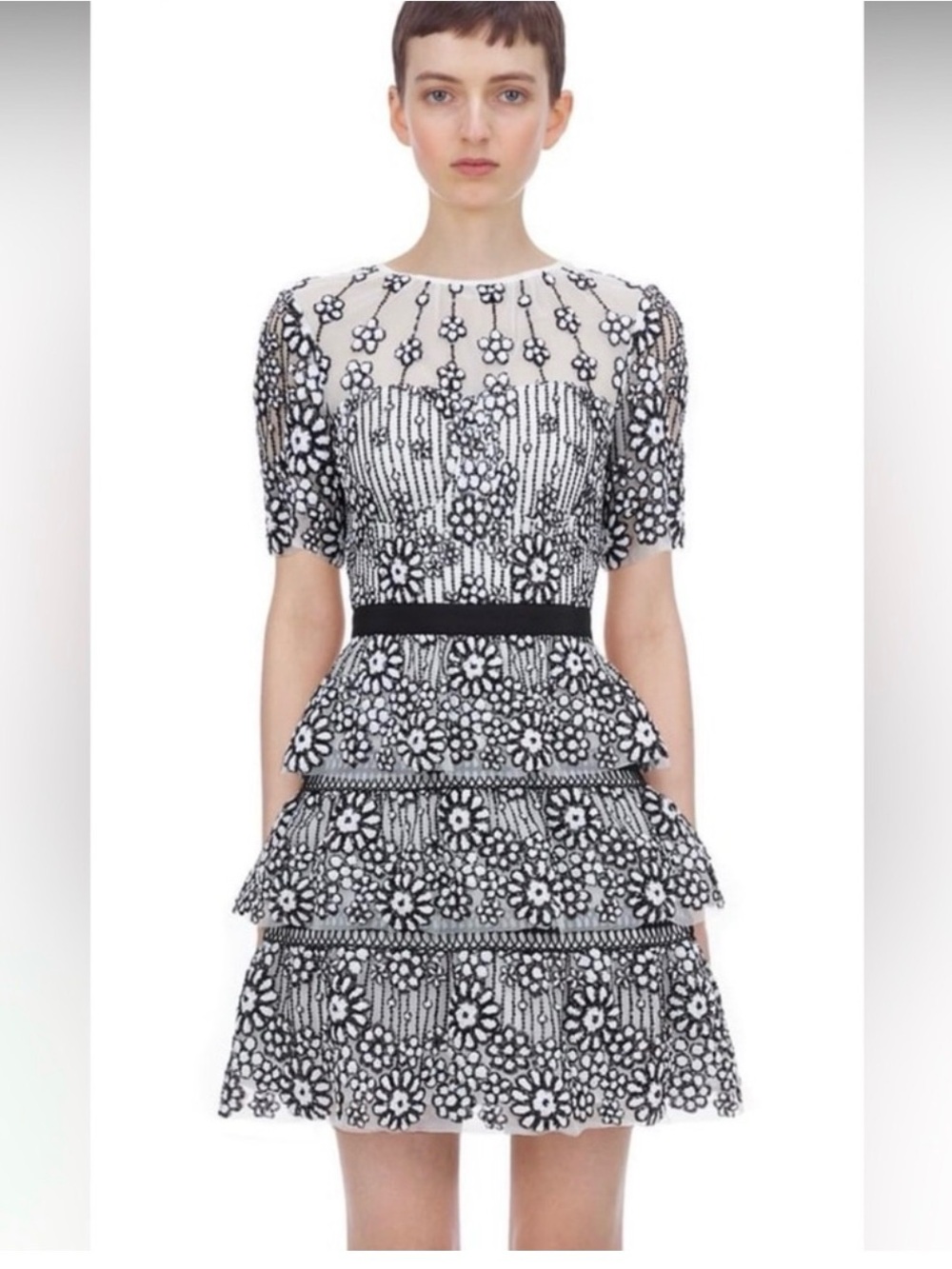 Self-Portrait Black and White Daisy Sequined Floral Mini Dress